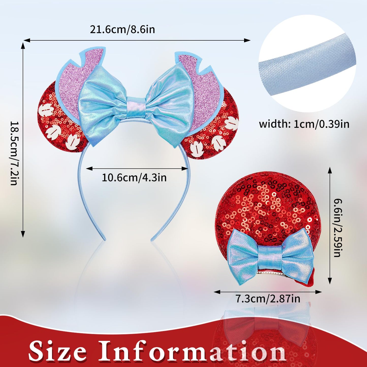 Akkya Mouse Ears Headband Hair Clips Accessories for Women Girl Kid Adult Birthday Party Princess Park Costume Mini Bow Present Red