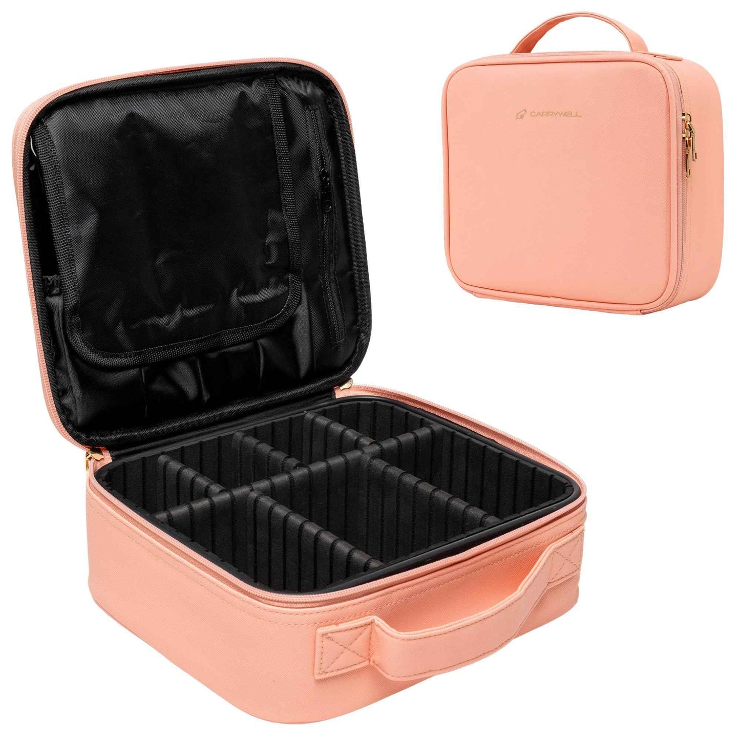 (Not Made In China) Makeup Bag Travel Case, Train Case for Cosmetics, Portable Beauty Organizer, Cosmetic Storage Bag With Adjustable Dividers For Make Up and Brushes