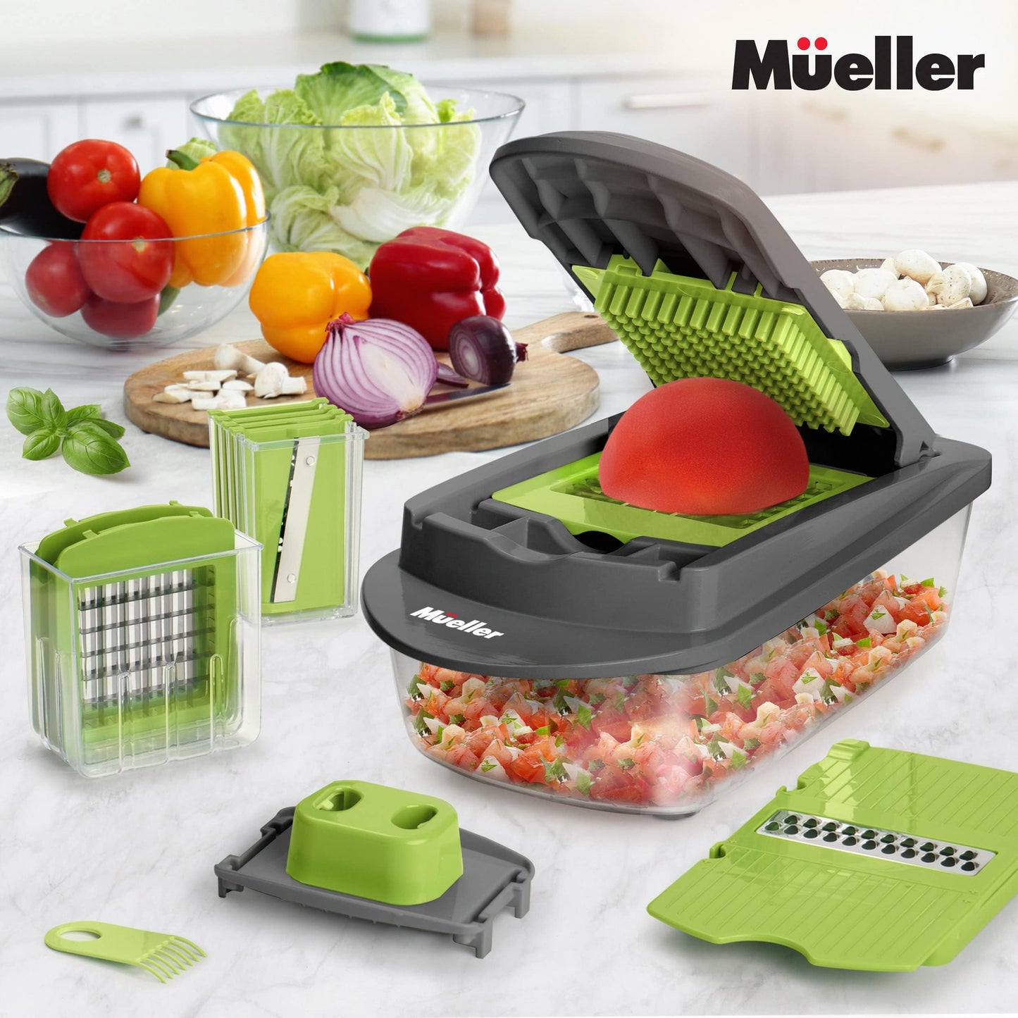 Mueller Pro-Series 10-in-1, 8 Blade Vegetable Chopper, Cutter, Dicer, Onion Mincer, Egg and Potato Slicer, Multi-Functional Kitchen Gadget for Vegetables and Salad Prep, Grey & Green