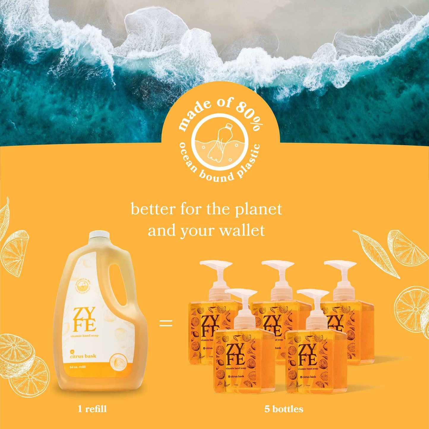 ZYFE Foaming Hand Soap Refills, Half Gallon Hand Soap Foam Refill with Essential Oil Fragrance in Recycled Bottle, Citrus Handwash Refil Biodegradable+