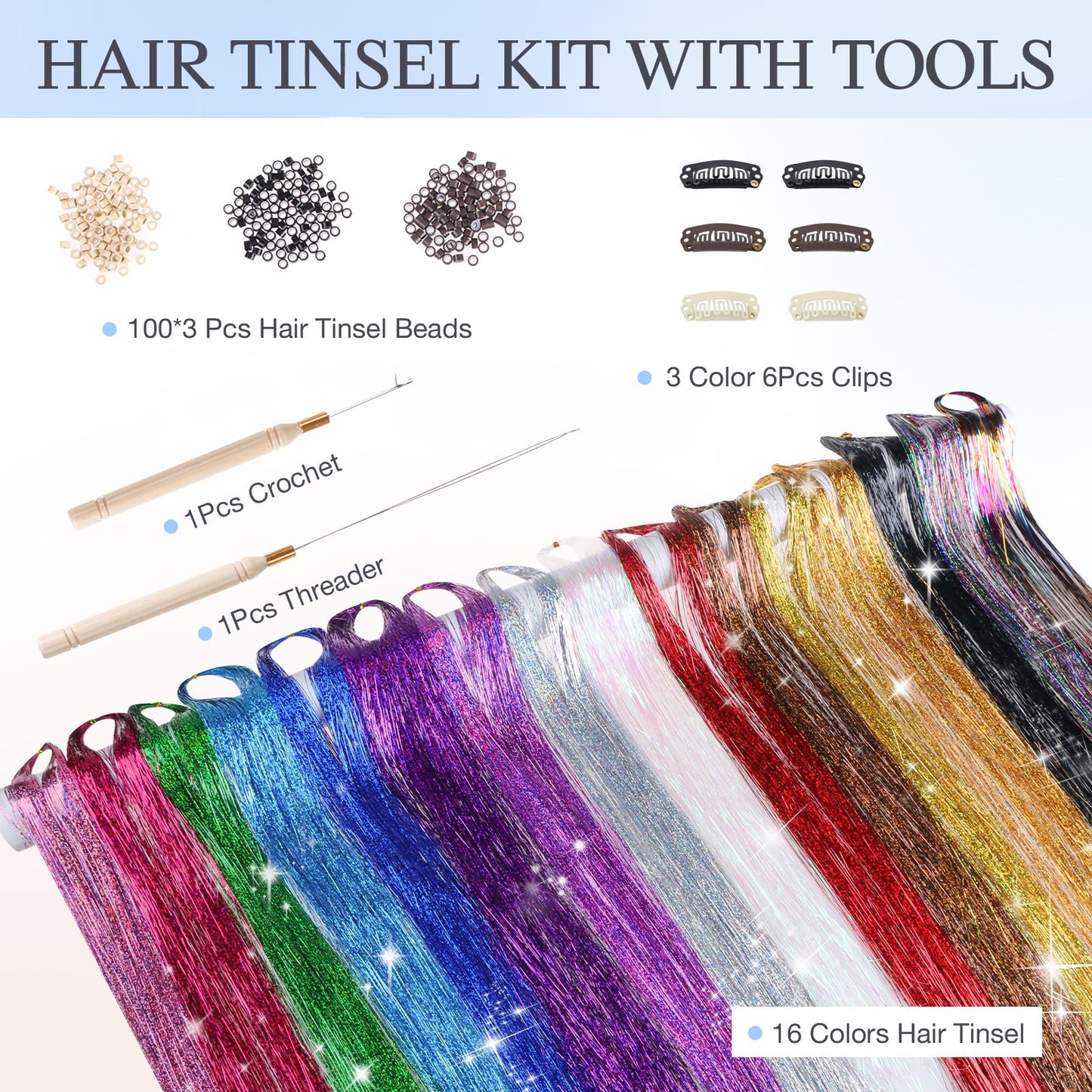 DOORES Hair Tinsel Kit with Tools, Tinsel Hair Extensions 16 Colors 48 Inch 3200 Strands, Colorful Hair Tinsel Stylable Fairy Hair Tinsel for Christmas Halloween Cosplay Party Sparkling Shiny