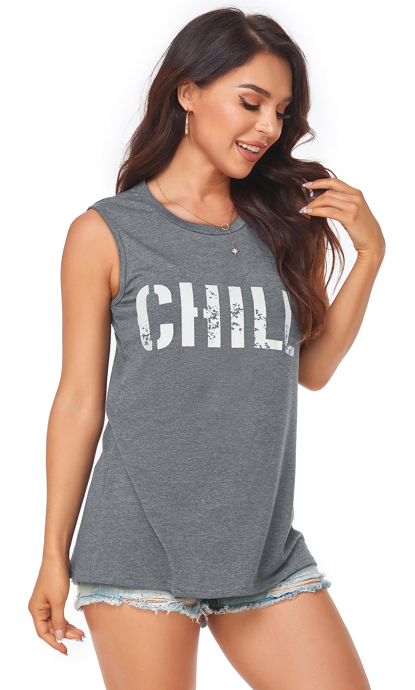 Womens Summer Tops Sleeveless Casual Loose Fit Graphic Blouses(Grey Letters, S)