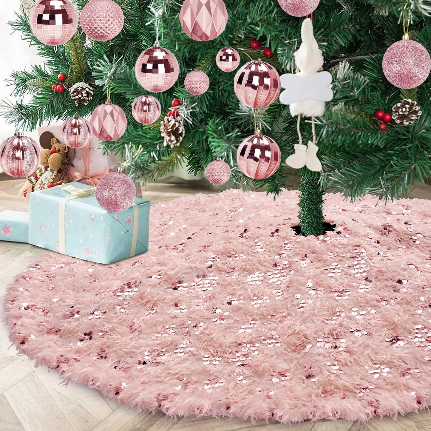 Blush Pink Christmas Tree Skirt, 48 inches Large Pink Faux Fur Feather Tree Ornaments with Sequins, Fluffy Xmas Tree Rug for Holiday Fall Winter New Year Christmas Decorations