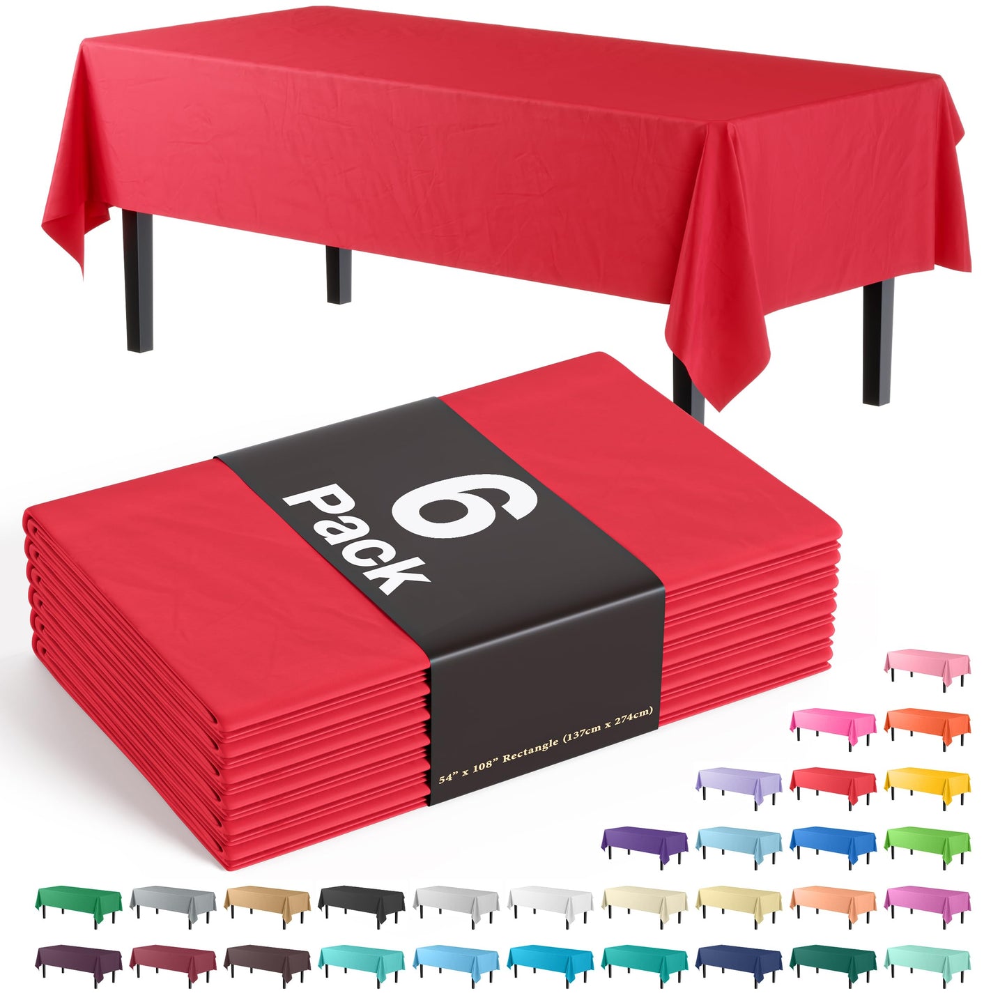 Exquisite 6-Pack Premium Plastic Tablecloth 54in. x 108in. Rectangle Plastic Table Cover - Red