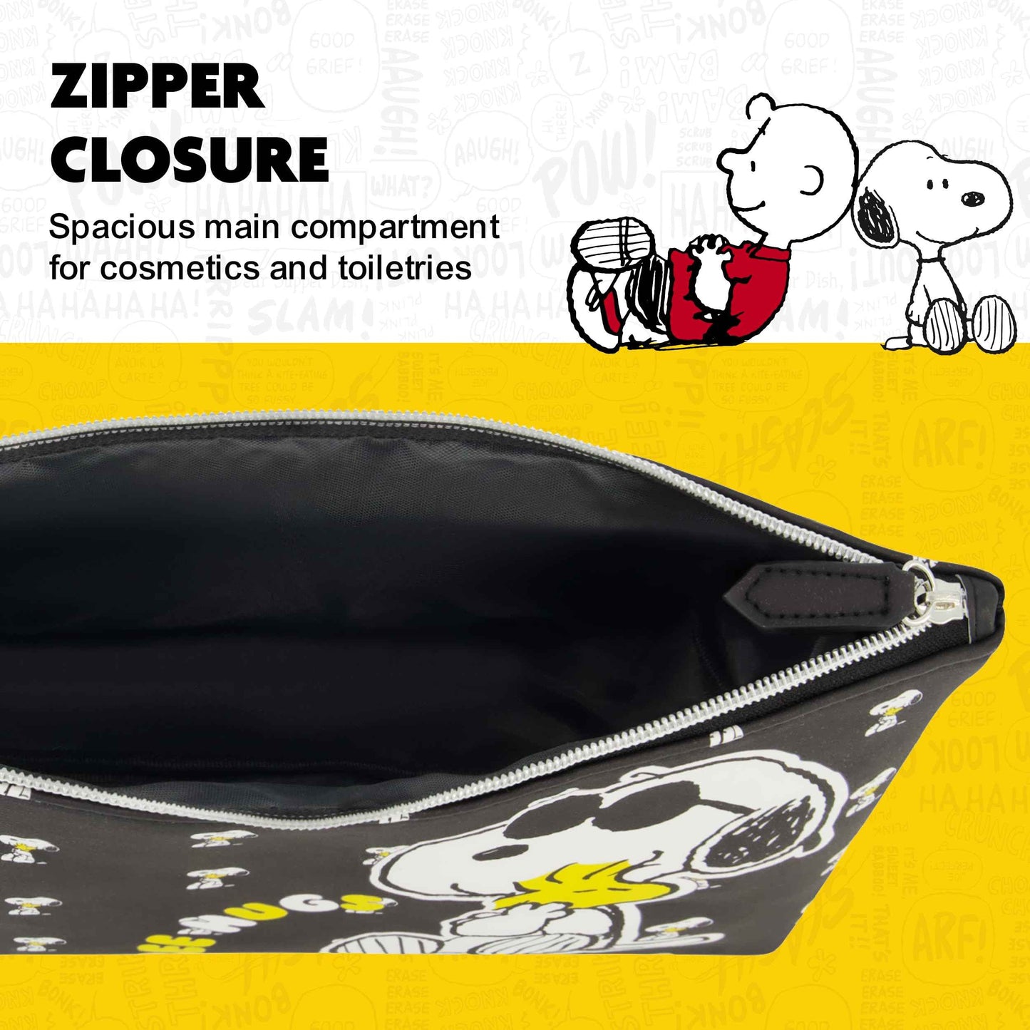 Peanuts Snoopy Women's Makeup Bag, Small Travel Cosmetic Zipper Pouch Organizer, Black