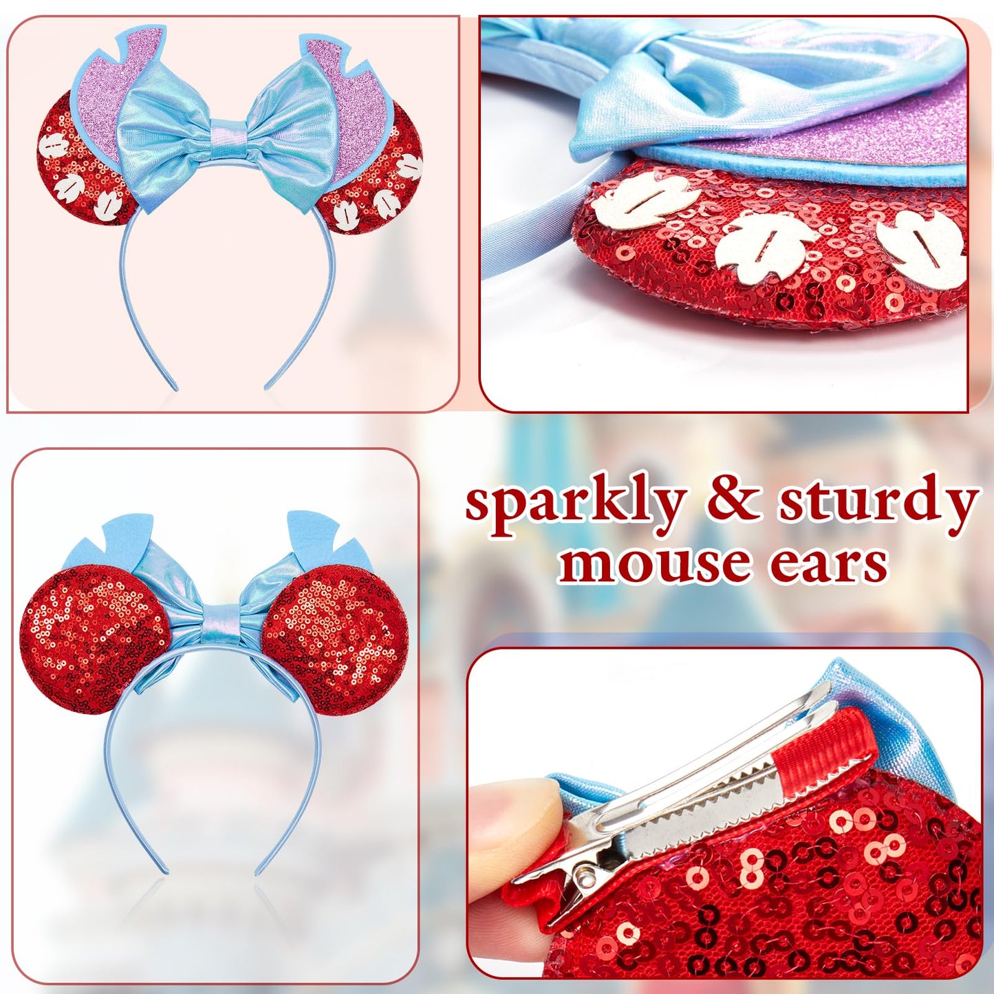 Akkya Mouse Ears Headband Hair Clips Accessories for Women Girl Kid Adult Birthday Party Princess Park Costume Mini Bow Present Red