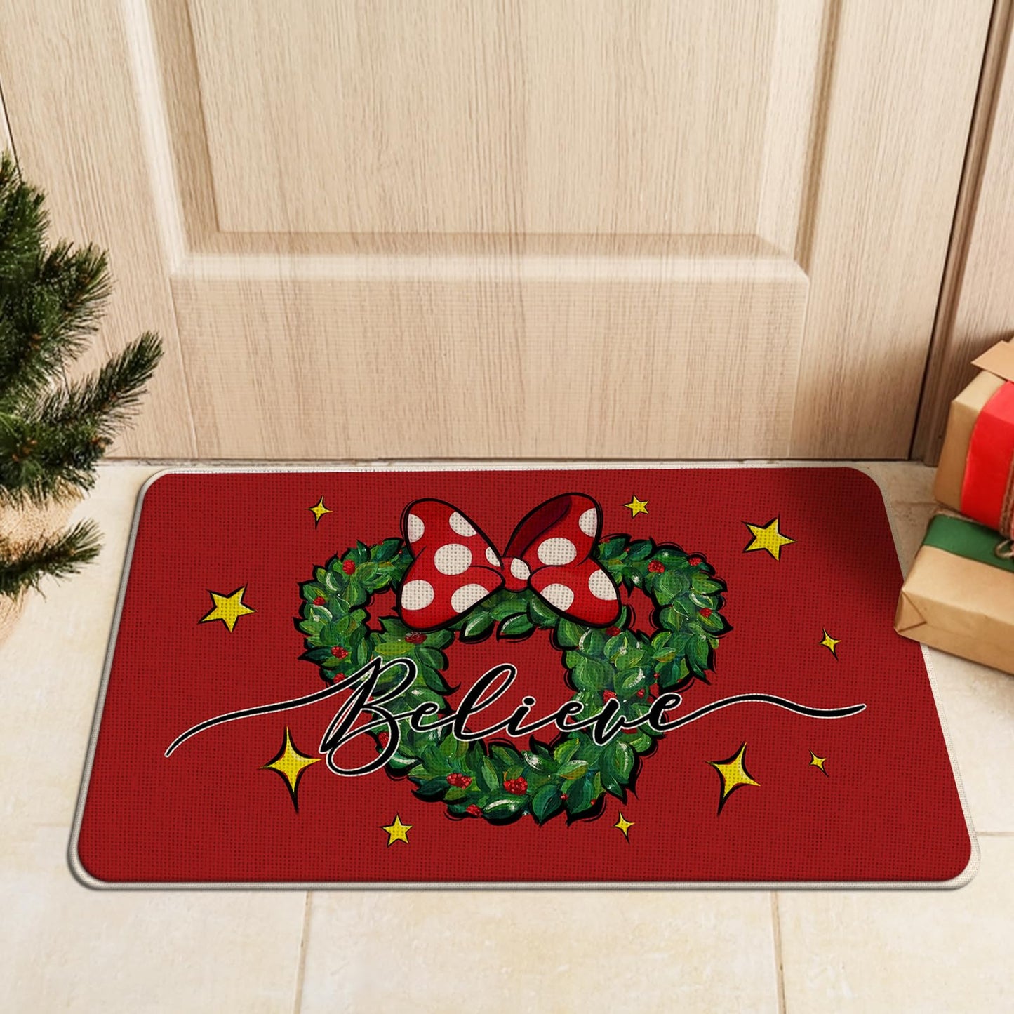 Tailus Christmas Believe Santa Mouse Red Kitchen Rugs Set of 2, Xmas Wreath Peppermint Candy Kitchen Mats Decor, Winter Holiday Floor Door Mat Home Decorations -17x29 and 17x47 Inch