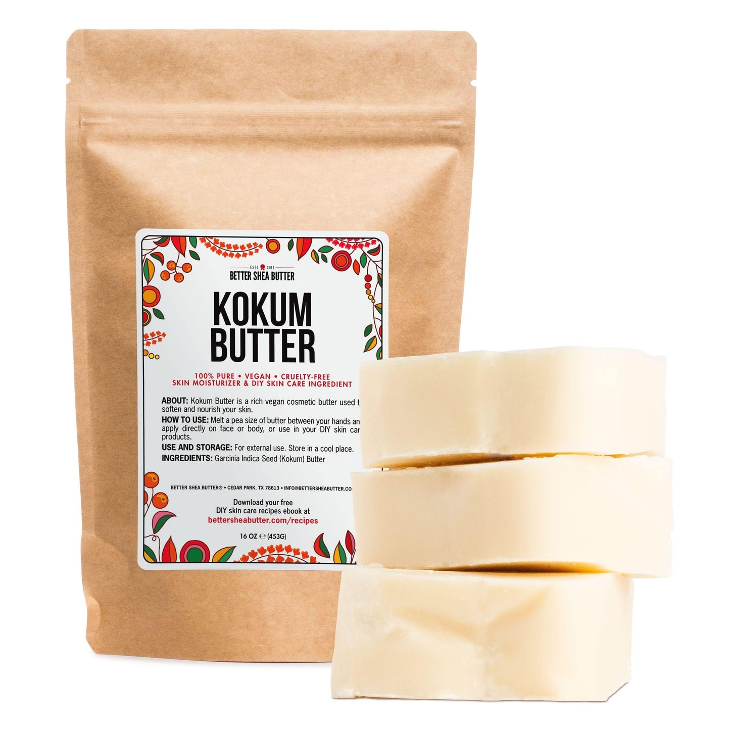 Better Shea Butter Raw Kokum Butter Unrefined - Body Butter Bar for Soap Making and DIY Butter, Skin and Hair Products - Pure, Unscented Skin Butter for Lotion Base - Kokum Butter 1 lb Block