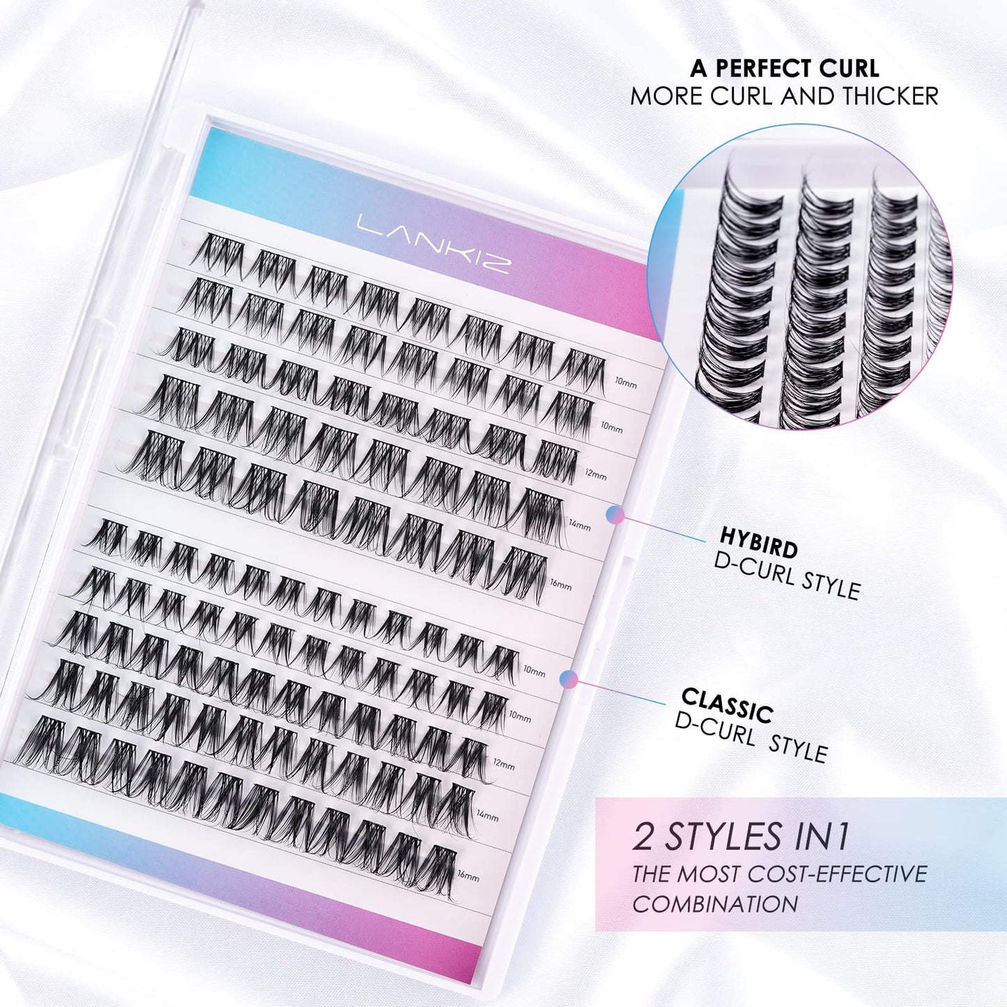 LANKIZ DIY lash Extensions Wispy, Lash Clusters Individual Lash Extensions, D Curl Soft and Lightweight 10-16mm Mix Resuale Wide Band+Mix Style Cluster Lashes for Home use (Hybrid D+Classic D)