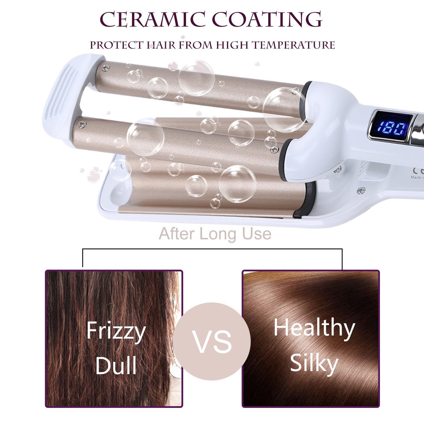 Ceramic Hair Crimper Iron Hair Waver 3 Barrel 0.6 inch / 16mm Perm Instant Curls Crimping Hair Curling Iron Valentines Day Gifts for Women Professional Crimping Iron (Gold & White)