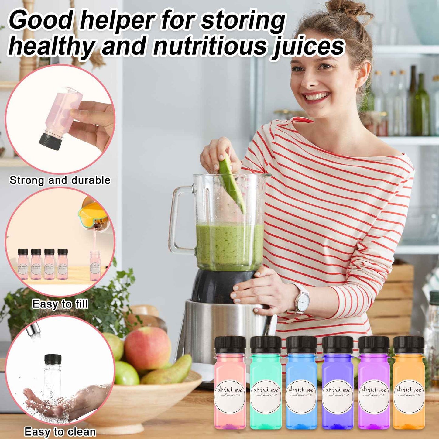 100 Pcs 2oz Plastic Bottles with Lids, Clear Plastic Bottle with Caps 2 oz for Liquids Small Reusable Ginger Shots Bottle Vial Beverage Container Leak Proof Mini Jars for Milk, Water, Ginger, Juice