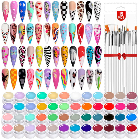 Saviland 48 Colors Nail Art Gel Paint Kit: Nail Art Paint Gel Nail Polish Kit with Color Gel Paint for Nails Art Design & 15pcs Gel Nail Art Brushes Drawing Painting Gel Home & Nail Salon Manicure DIY