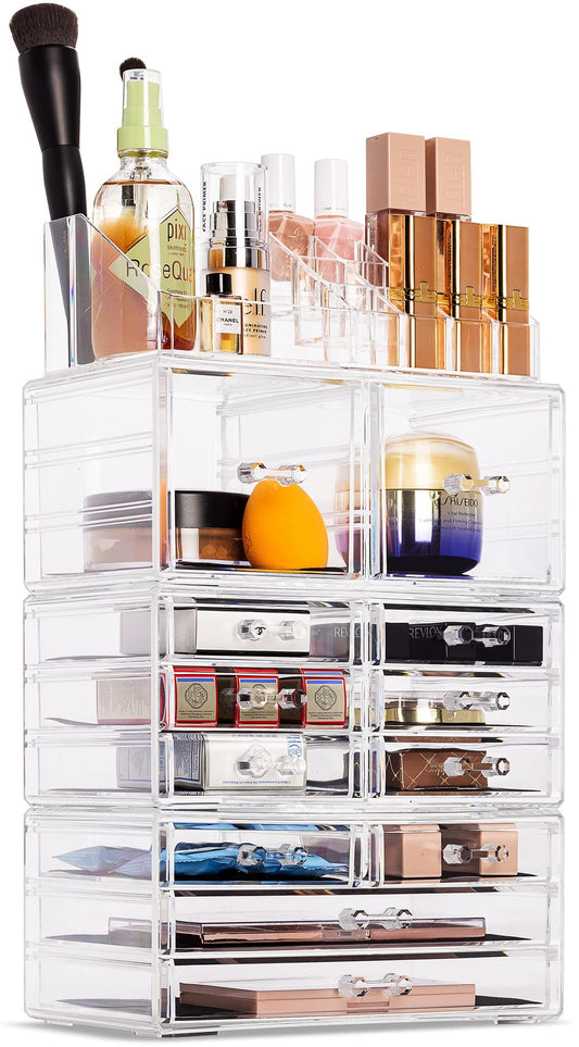 Sorbus Large Makeup Organizer - Clear Stackable Jewelry Makeup Organizer for Vanity, Bathroom Storage Display Case - 12 Drawers Cosmetic Beauty Organizers and Storage with Lipstick Makeup Brush Holder