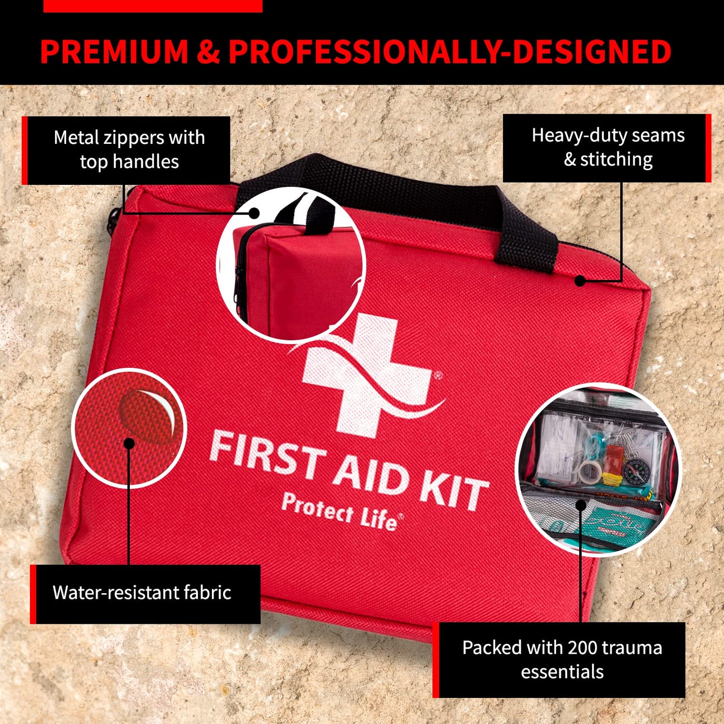 Protect Life First Aid Kit for Home/Business | HSA/FSA Eligible Emergency Kit | Hiking First aid kit Camping | Travel First Aid Kit for Car|Small First Aid Kit Travel/Survival Medical kit - 200 Pieces