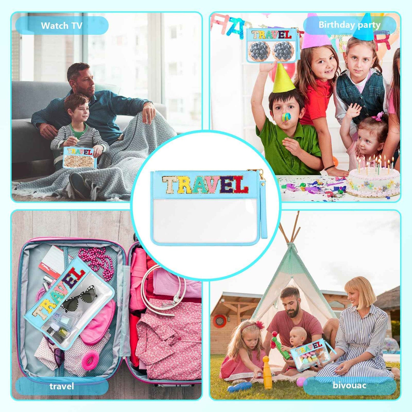 HANAMO Chenille Letter Clear Snack Bag for Tote Organizer, Chenille Letter Stuff Pouch Nylon Cosmetic Bag Zipper Pouches Clear Makeup Bags Travel Bags for Women Girls