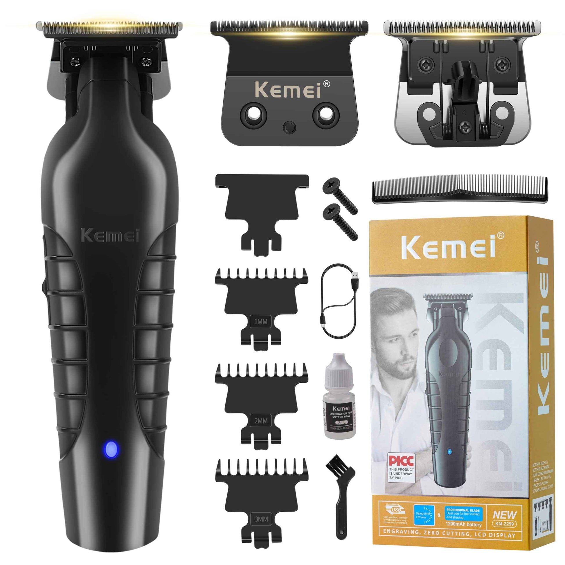 KEMEI Hair Trimmer for Men, Professional Hair Clippers Cordless Beard Trimmers for Barbers T Blade Zero Gap Trimmer KM-2299 with 2299 Replacement Blade.