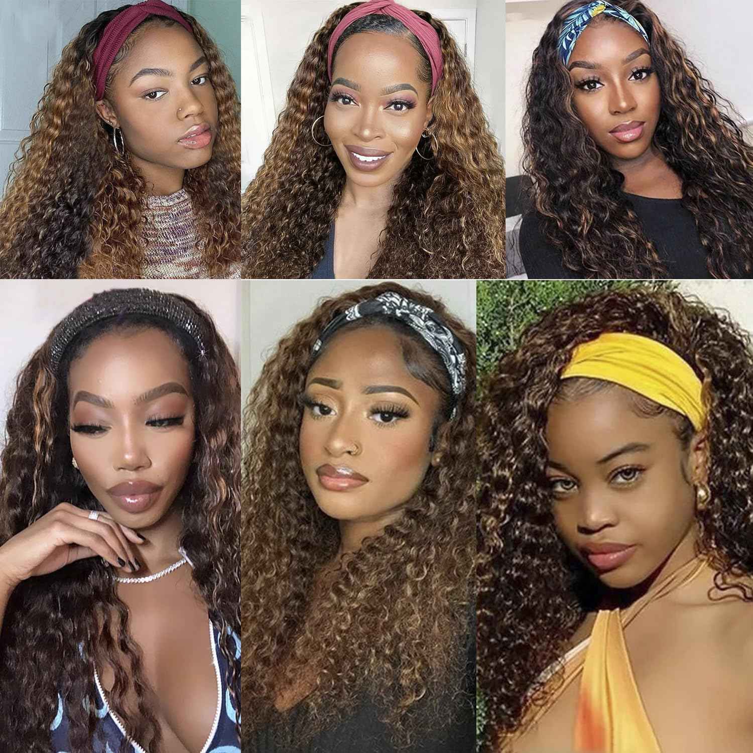 Brazilian Human Hair Headband Wig - Deep Wave, Highlight, Curly, Glueless (14 inch, 4/27 Highlight)