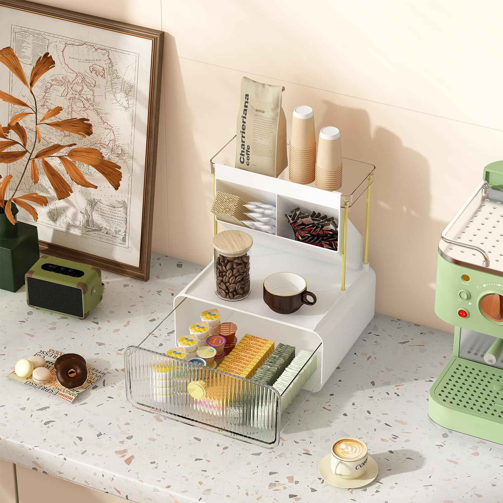 FOLLOWIN Bathroom Counter Organizer with Drawer,Dresser Top Organizer with Make Up Brush Holder,Makeup Shelf,Vanity Organizers,Cosmetic Perfume Organizer,Clear