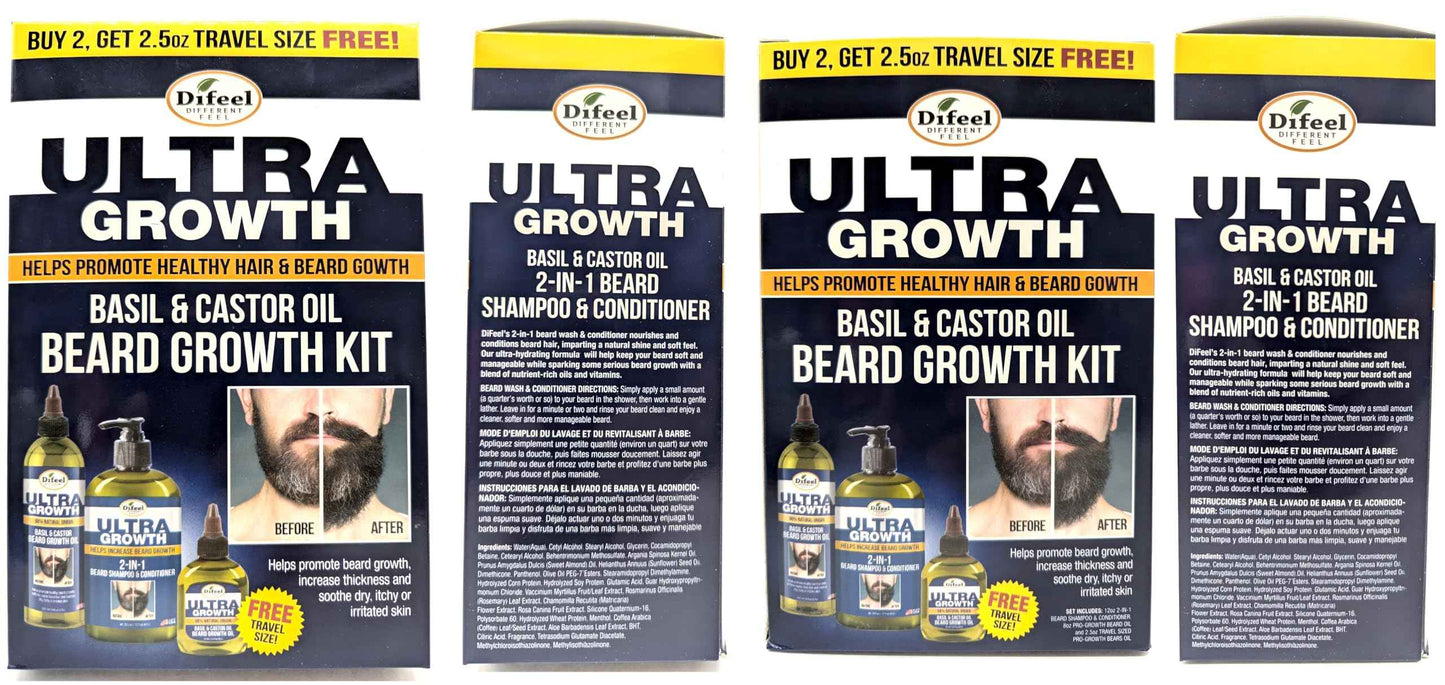 Difeel Men's Ultra Growth Beard Care 3-PC Gift Set for Men - Includes 2-in-1 Beard Shampoo & Conditioner 12oz, Beard Growth Oil 8oz, and Bonus Travel Size Beard Oil