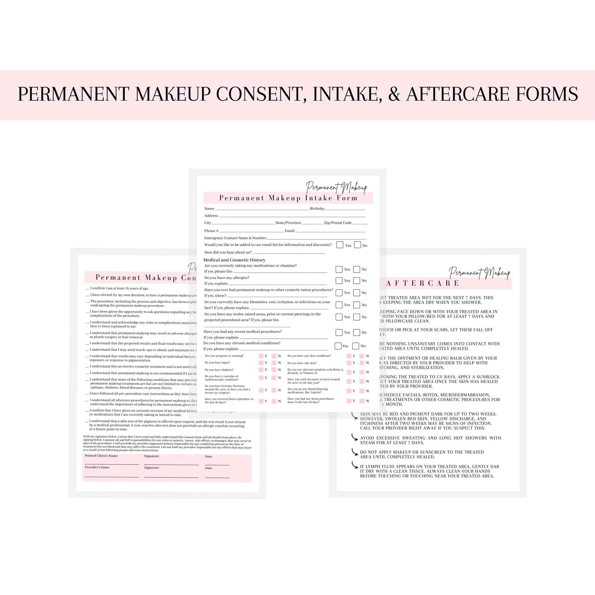 Permanent Makeup Intake, Consent, and Aftercare Form | 75 Pack | 8.5 x 11" A1 Forms | Clients Signature | for Providers Using Permanent Makeup Pigment for PMU | White and Pink Design