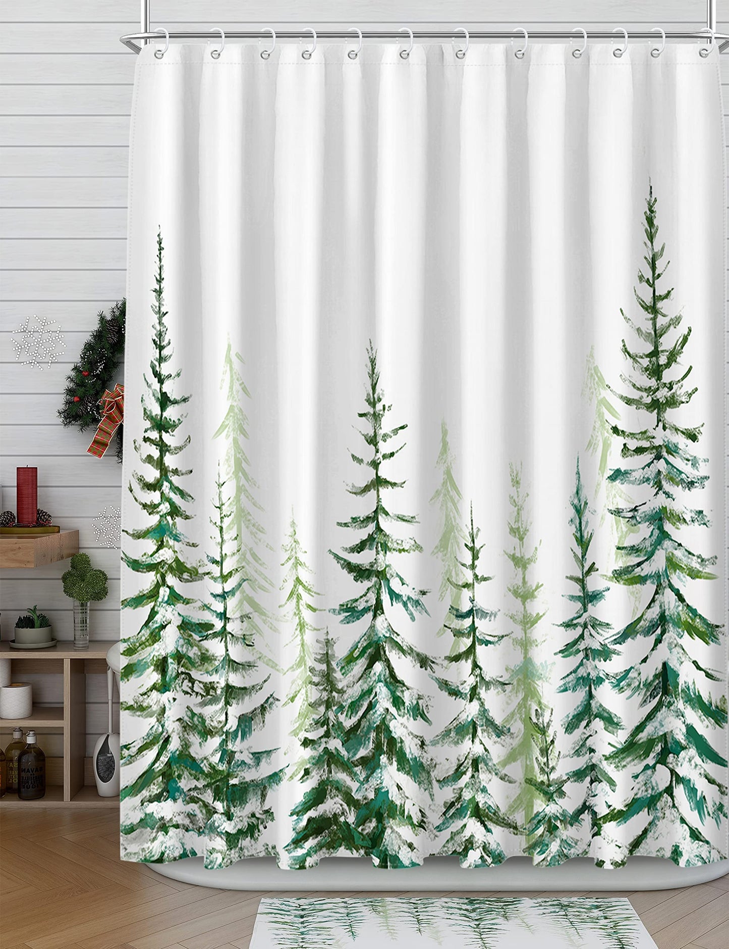 Maxpeuvon Christmas Shower Curtain for Bathroom Green Tree Farmhouse Rustic Modern White Snow Landscape Cloth Bathroom Curtain Sets with Hooks 72X72 inch