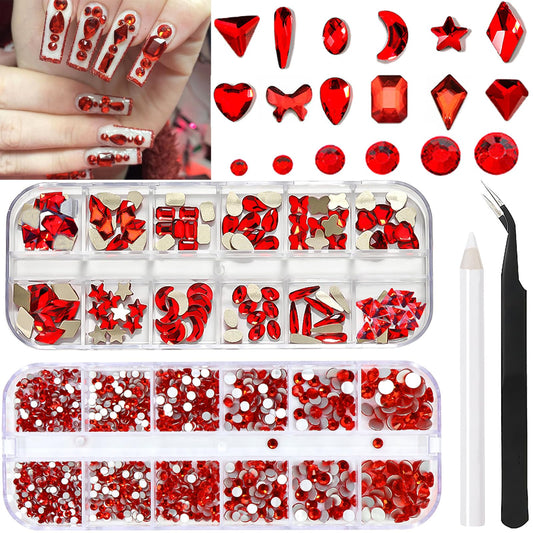 BELICEY Nail Art Rhinestones Red Flatback Round Rhinestones Charms Nail Gem Stones with K9 Bling Glass Crystals Diamonds Jewelry for Nail Design DIY Crafts Face Decoration