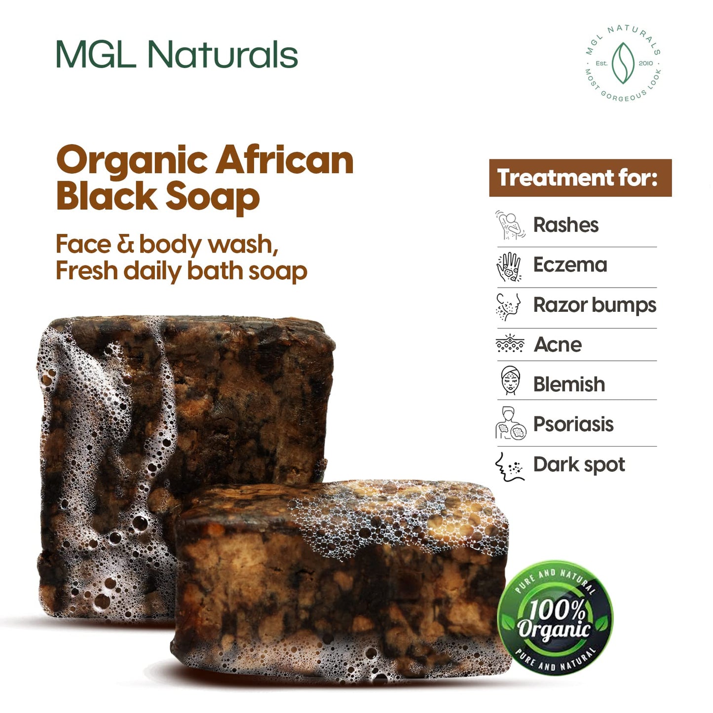 MGL Naturals Raw African Black Soap in Coconut Pot | Premium & Organic | Face and body deep cleanse. For acne, eczema & dark spots. (16)