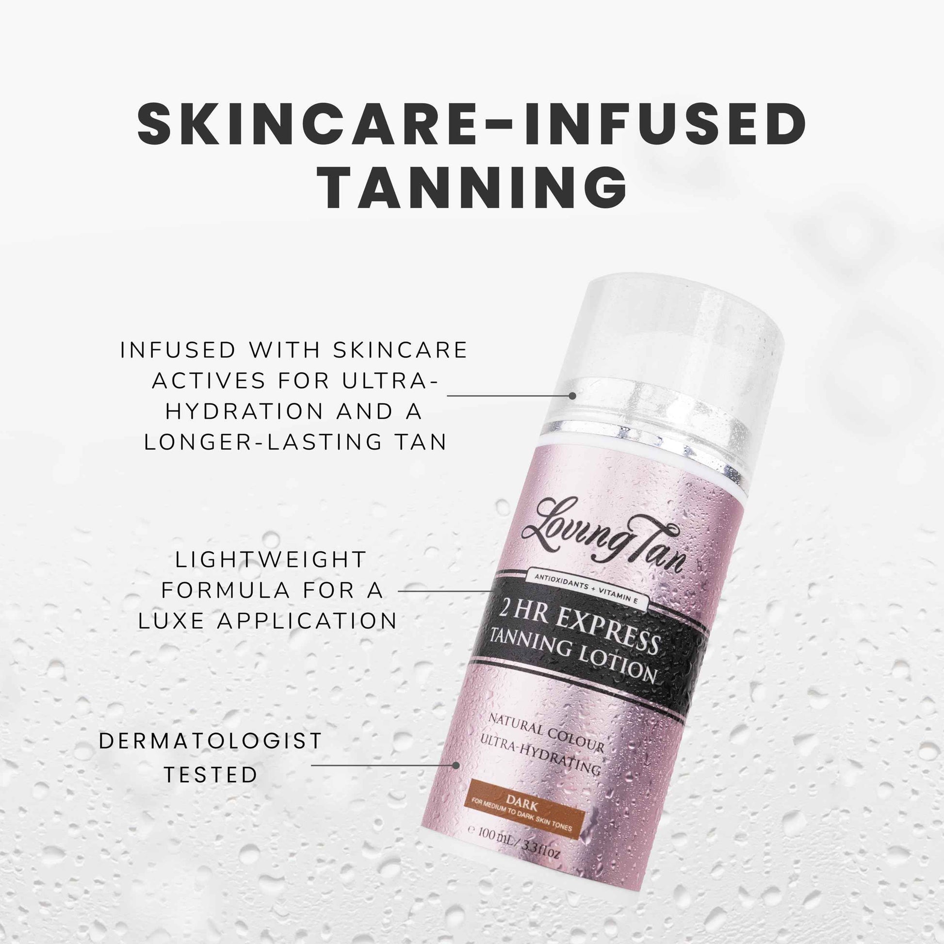 Loving Tan NEW 2 Hr Express Self Tanning Body Lotion, Dark - Hydrating Natural-Looking Glow Sunless Self Tanner, Streak-Free, Dermatologist Tested, Lightweight, Vegan and Cruelty-Free - 3.3 fl oz