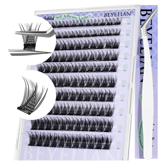 BEYELIAN Self Adhesive Eyelashes Kit, 110 Pcs Press On Lashes, Pre Glued Eyelash Clusters, Self Stick Cluster Lashes, No Glue No Remover Needed DIY Lash Extension Kit for Beginners (Y53)