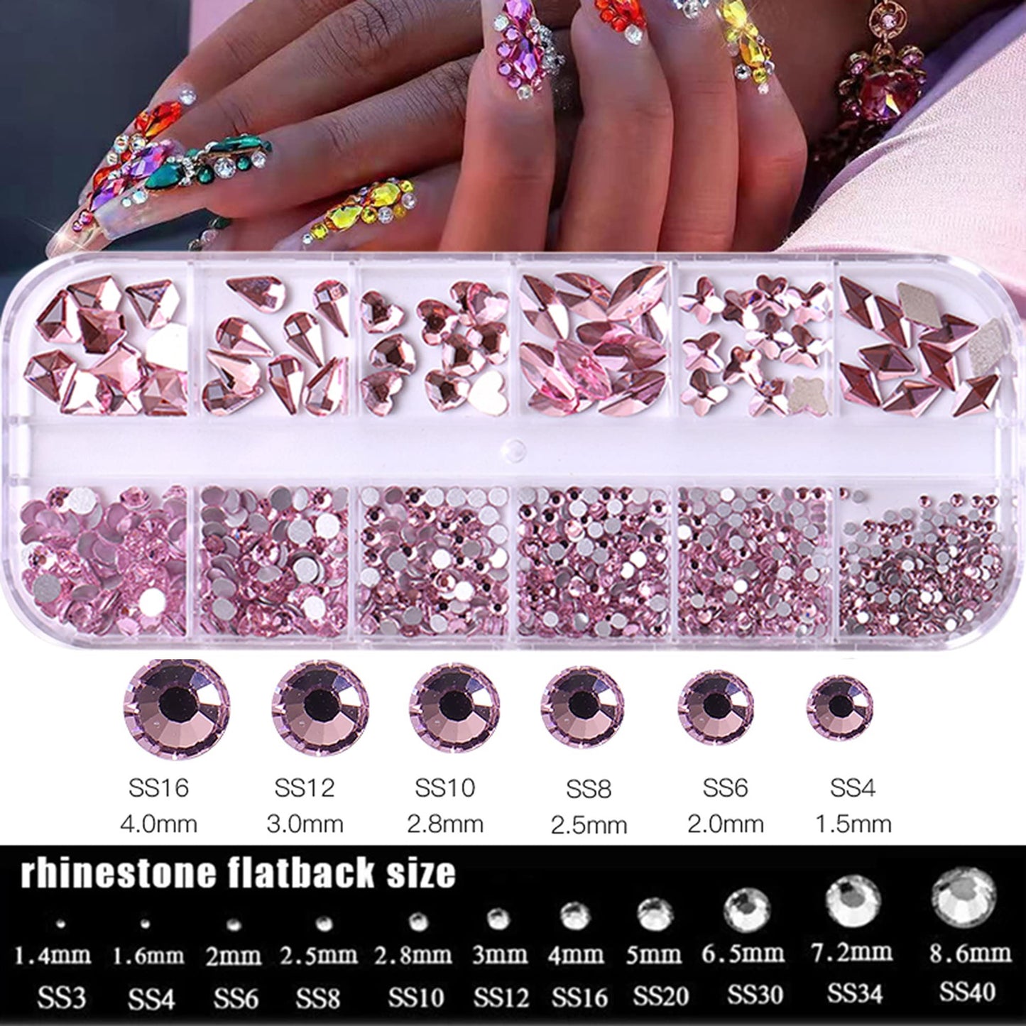 NAISKA 810PCS Pink Nail Arts Rhinestones 3D Crystal Rhinestone for Nails Flatback Diamond Rhinestones Beads Gems Decorations for Nail DIY Crafts Shoes Jewelry