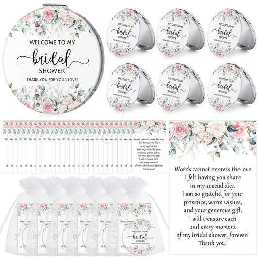 XunYee 24 Sets Bridal Shower Favors for Guests Flower Design Makeup Mirrors Leather Compact Mirrors Bridal Thank You Cards with Organza Bags Bridesmaid Gifts Wedding Party Favors Supplies