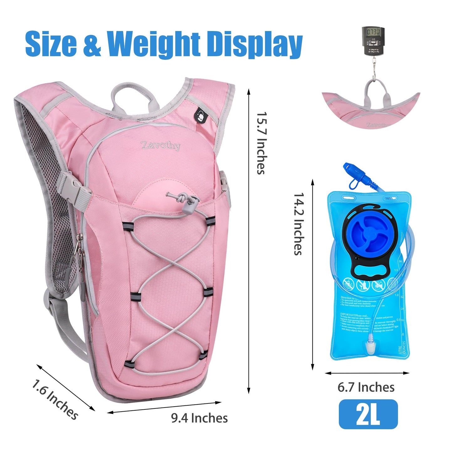 Zavothy Lightweight Hydration Backpack with 2L Water Bladder Water Backpack Hydration Pack for Cycling Running Biking Hiking Backpack Pink