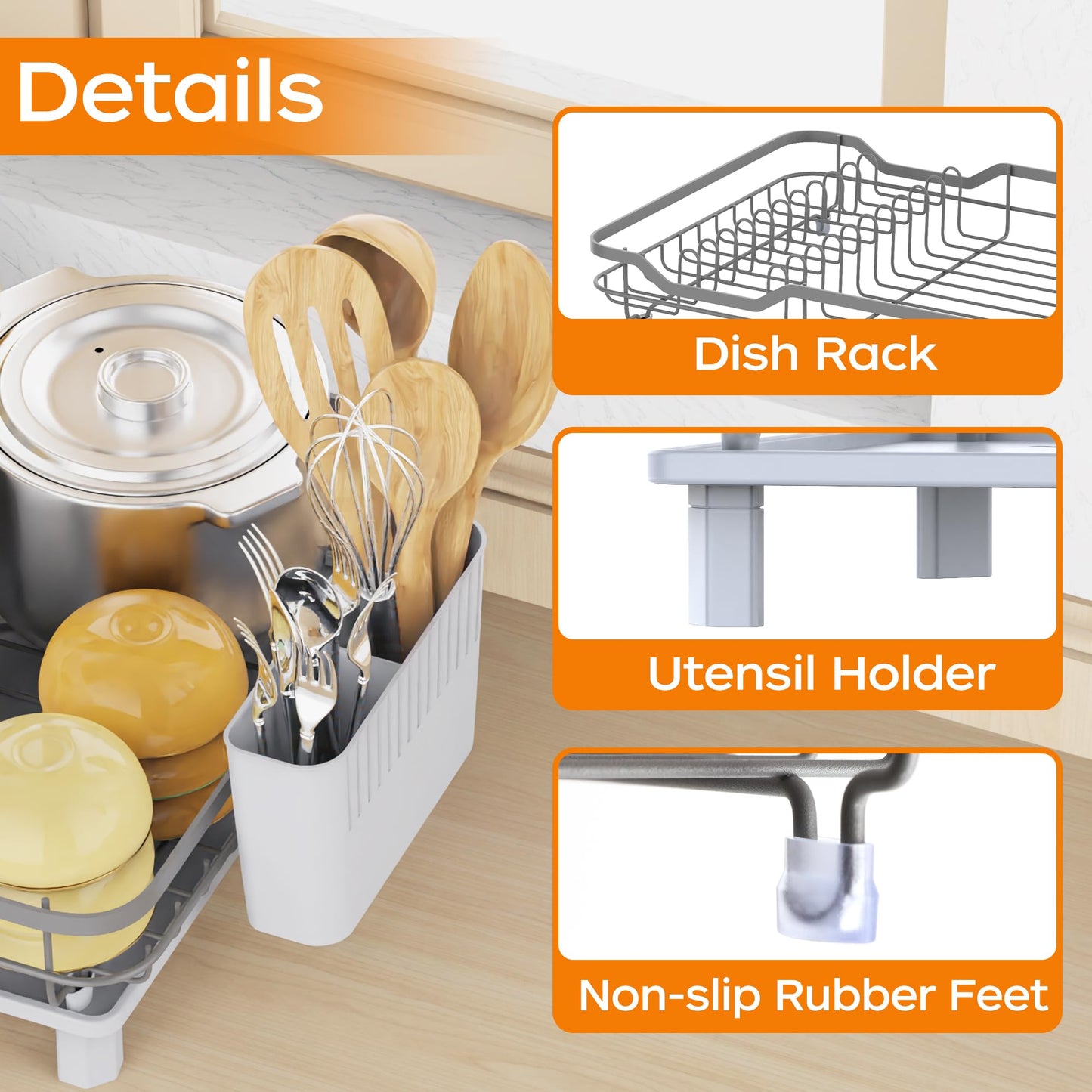 ROTTOGOON Dish Drying Rack, Stainless Steel Rustproof Dish Rack for Kitchen Counter, Sturdy Dish Drainer with Drainboard, Drainage, Utensil Holder for Various Kitchenware, 16.2"(L) x 12.6"(W), Grey