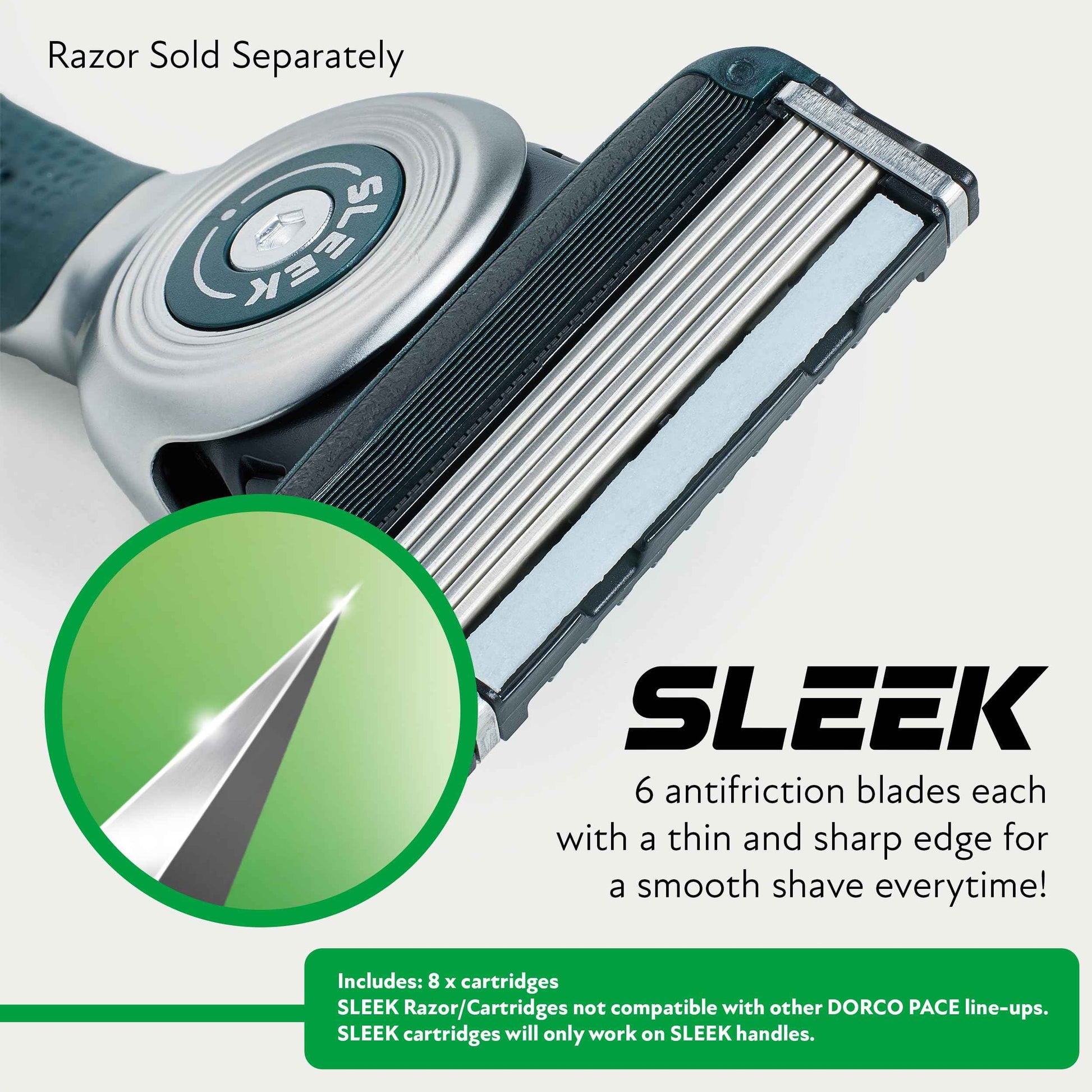 DORCO SLEEK Six Blade Razor System with Multi-Flex Technology Refill Set, Precision Shaving Razor Replacement Cartridge (8 Pack)