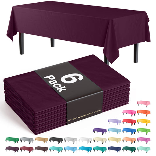 Exquisite 6-Pack Premium Plastic Tablecloth 54in. x 108in. Rectangle Plastic Table Cover - Plum