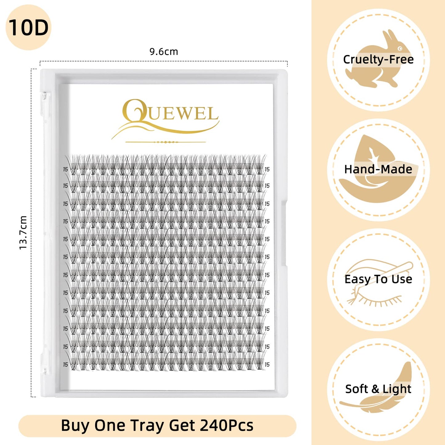 QUEWEL Cluster Lashes 240Pcs Individual Lashes 10D 0.10D Curl 15mm Knot-Free Lash Extensions Clusters Lashes Soft&Natural False Eyelashes Individual DIY Eyelash Extension at Home(10D 0.10D 15)