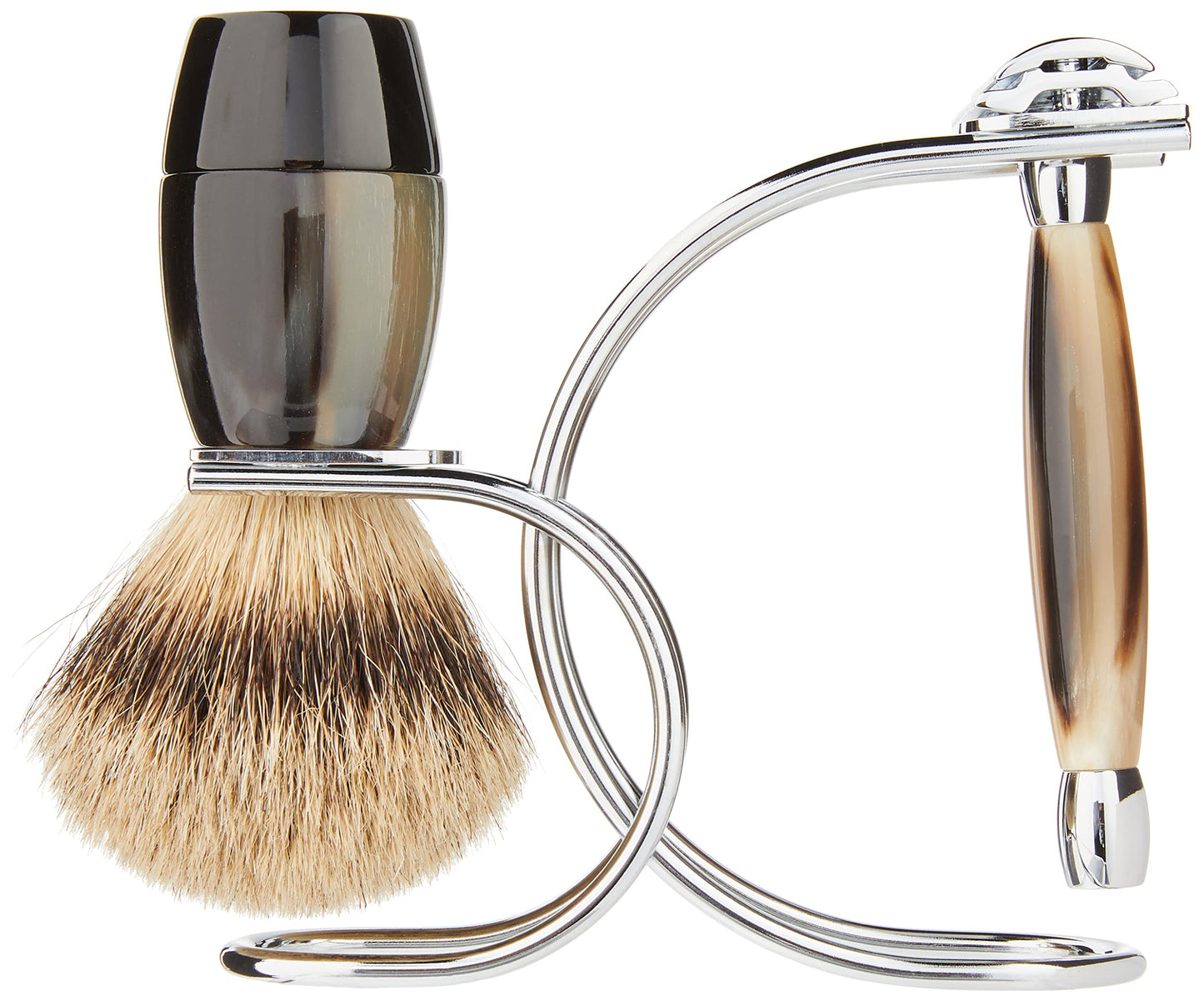 Merkur Merkur Razor Set 3-pieces (Razor 27 001, Brush, Stand), Bright Chrome, Cow Horn, 1 ct.