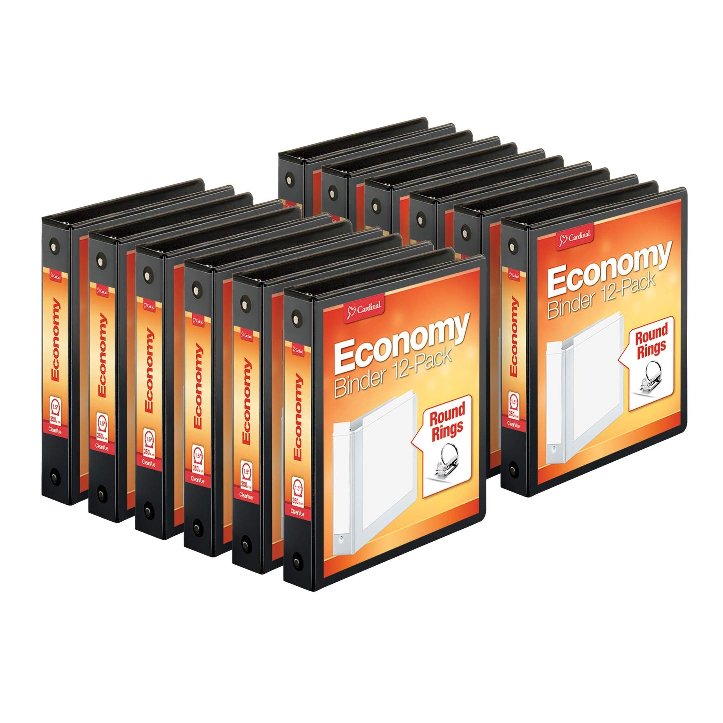 Cardinal Economy 3-Ring Binders, 1.5", Round Rings, Holds 350 Sheets, Black, Carton of 12 & Economy 3 Ring Binder, 2 Inch, Presentation View, Black, Holds 475 Sheets, 4 Pack of Binders