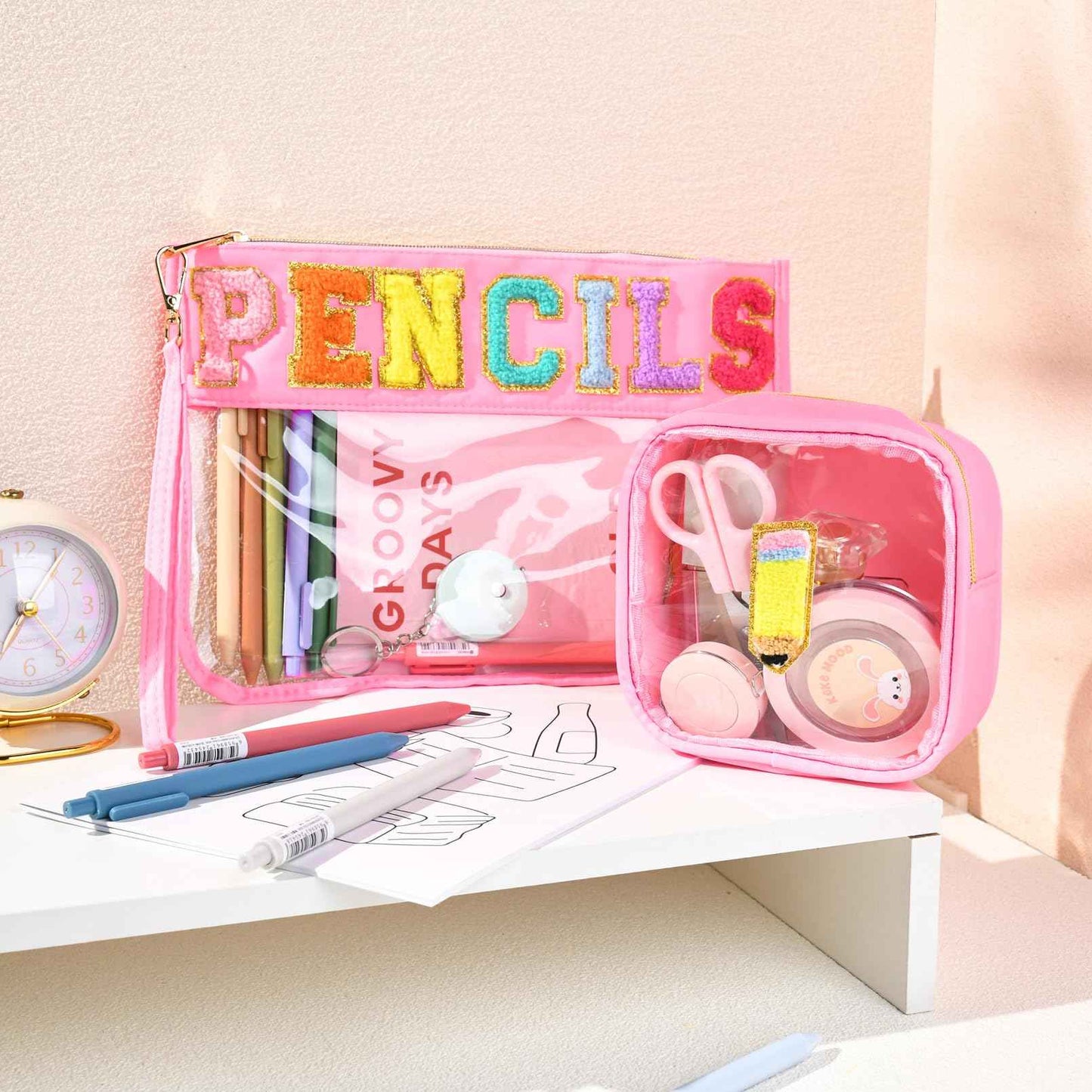 SOIDRAM 2 Pcs Bags Clear Chenille Letter Pouch Travel Bag Zipper Nylon Makeup Bag Organizer Cosmetic Pouch Toiletry Bag Waterproof Travel Gifts for Teacher