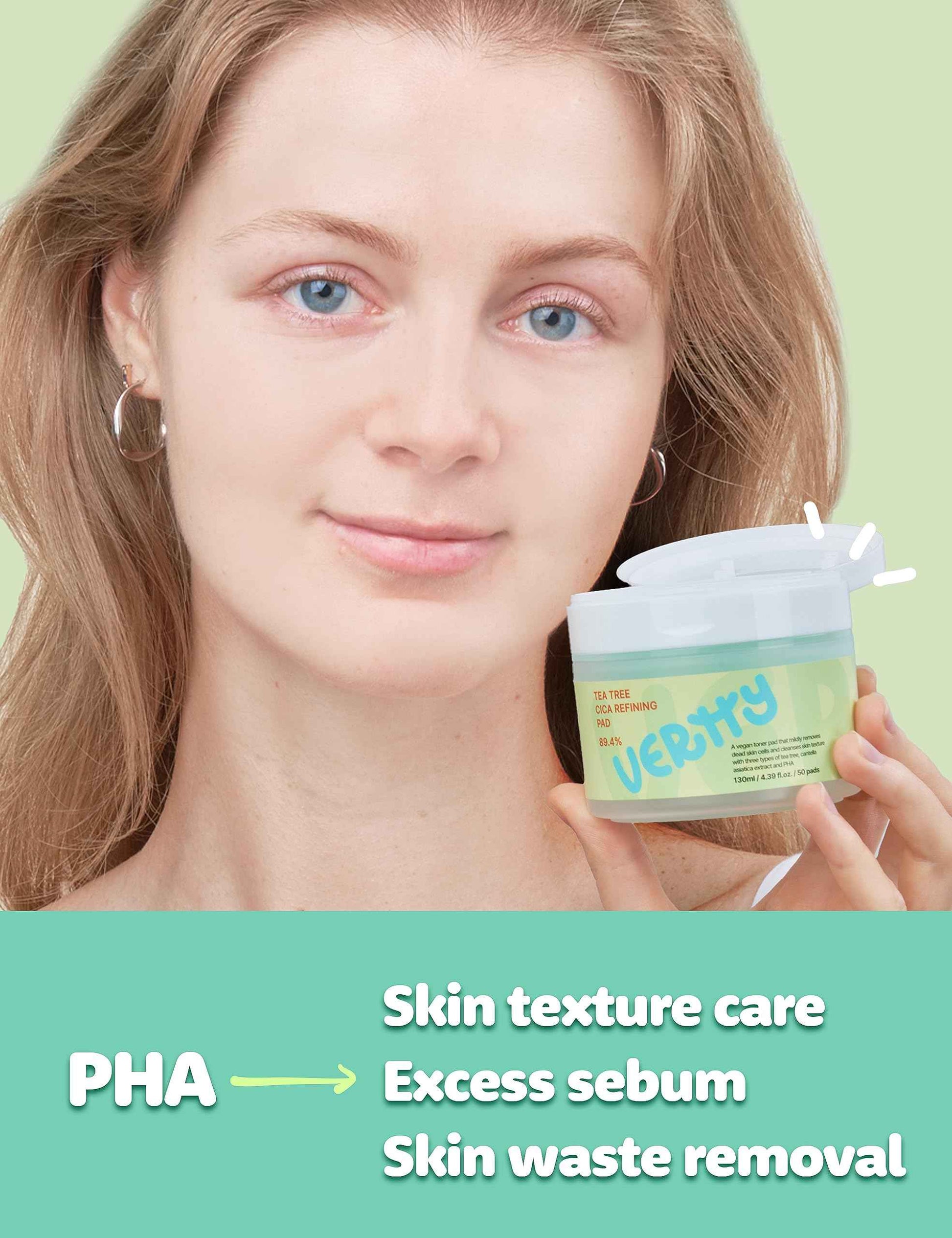 Vertty Tea Tree Cica Toner Pad | Exfoliating, Hydrating, Redness Relief Toner Pad for face | 100% Vegan Cotton Pad | Long-lasting Hydration | All Skin Types | Teens & Kids Skin Care (50 Count, 4.4oz)