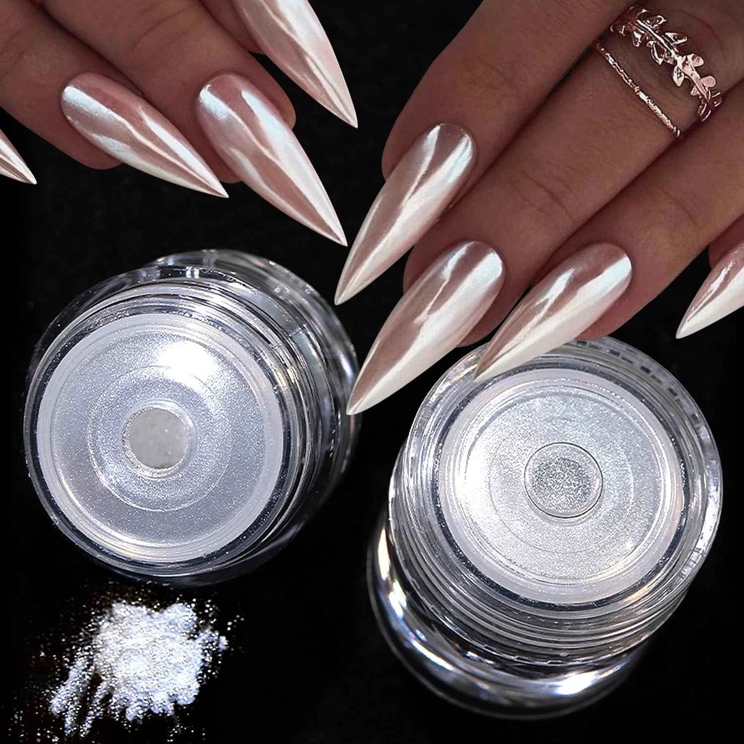 2Pcs White Pearl Chrome Nail Powder Super Glossy Metallic Mirror Effect, White Moonlight Unicorn Chrome Powder for Nails, Mermaid Glitter Pigment Powders for Gel Nail Polish Design 0.5g/Jar