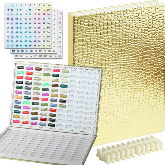 C12rtive 216 Nail Color Book,Nail Color Display Book with 240 Nail Tips & 1-300 Number Labels,Professional Nail Color Swatches Book for Gel Polish Nails Art Design(Gold)