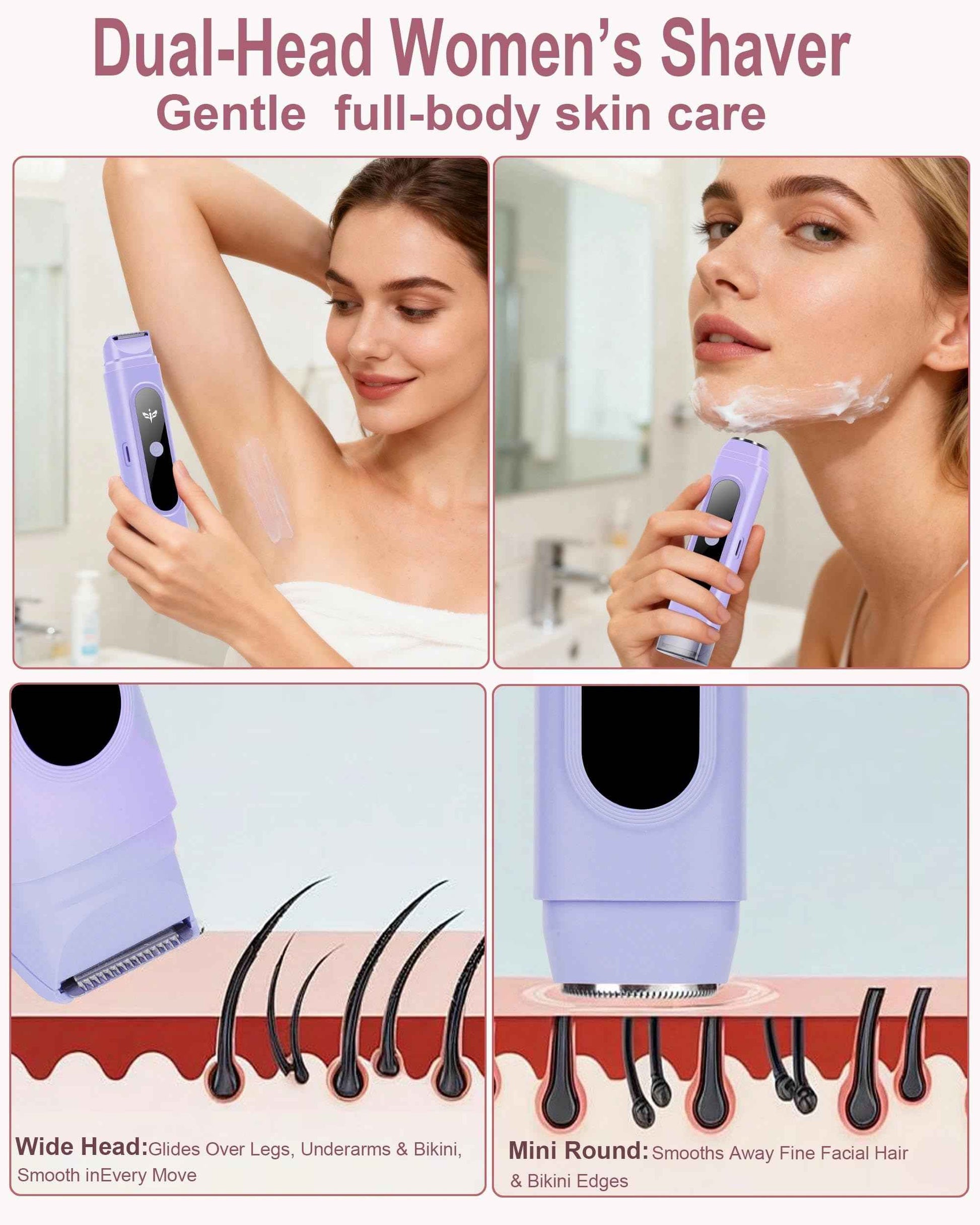 Kaaeiccr Bikini Trimmer for Women, Dual-Blade Shaver for Trimming Body and Pubic Hair for Silky Skin, Waterproof Design, Easy to Clean, Suitable for Underarms, Body, and Legs (Purple)