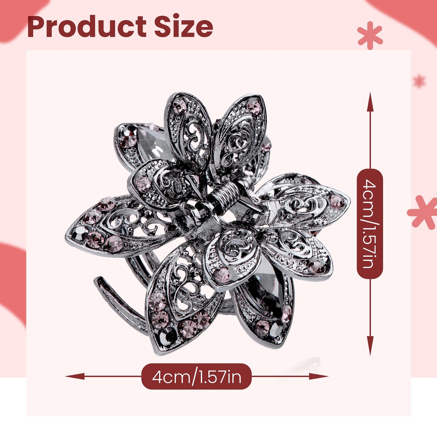 MOTZU 3 Pack Mini Jaw Clips, 1.5 inch Metal Crystal Hair Claws, Non-Slip Flower Barrette, Vintage Metal Rhinestone Hair Clip Accessories for Women Girls, Grey