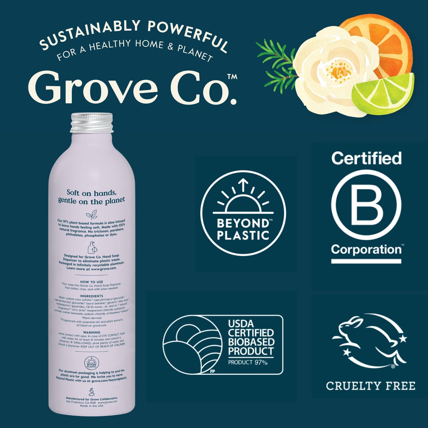 Grove Co. Hydrating Gel Hand Soap Refills (3 x 13 Fl Oz) Plastic-Free Liquid Hands Cleaner Refill Set, Leaves Hands Soft and Clean, 100% Natural Lavender Blossom & Thyme Fragrance