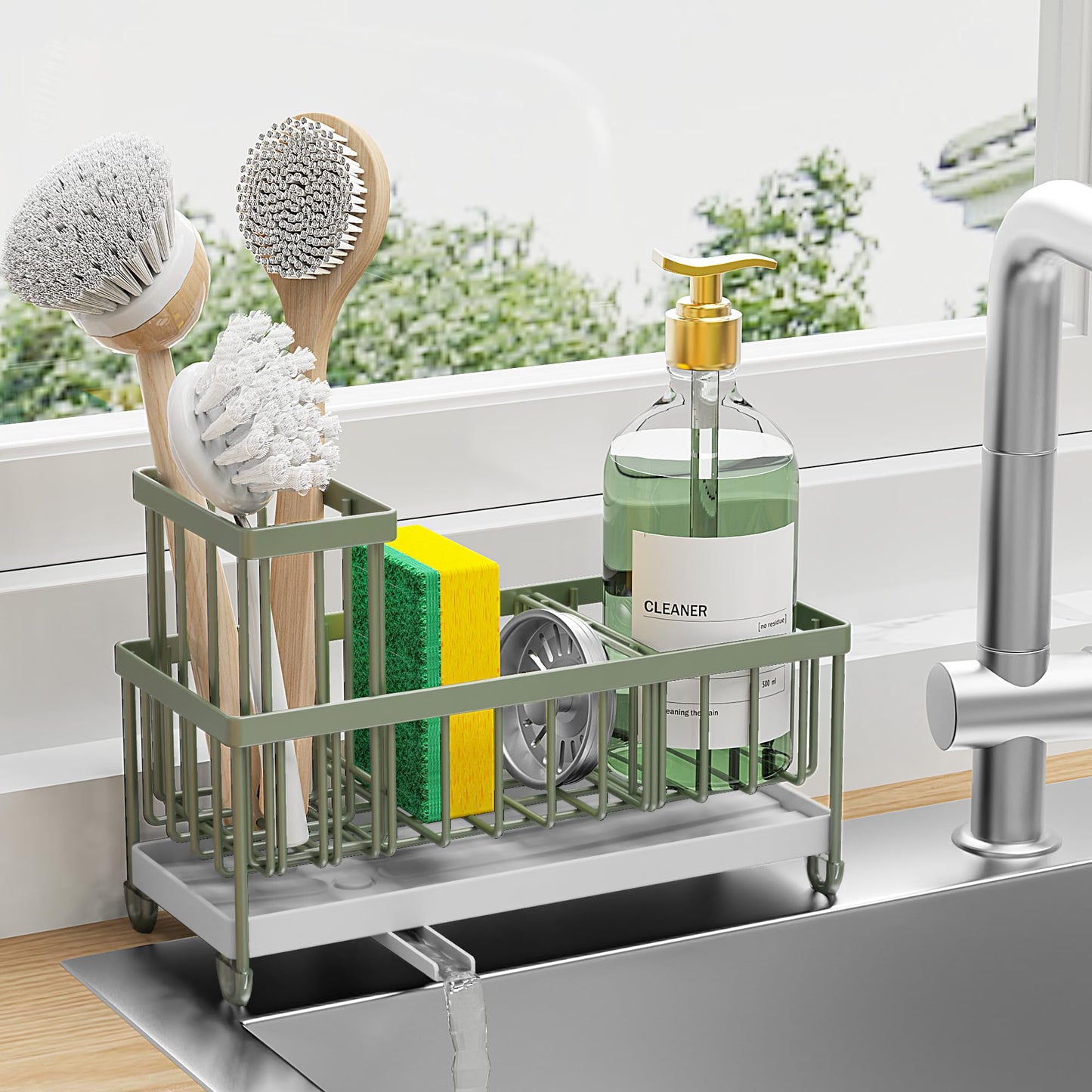 Cisily Sponge Holder for Kitchen Sink, Sink Caddy with High Brush Holder, Organzier Rustproof 304 Stainless Steel Dish Organizer Divider, Soap Dispenser Storage(Sage Green)