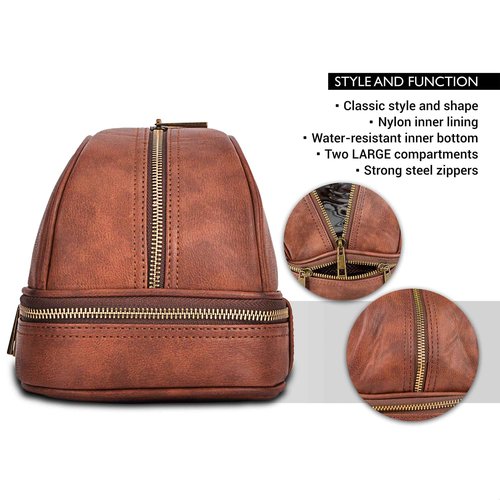 Vetell Classic Leather Men's Travel Toiletry Bag and Dopp Kit with Upper and Lower Zippered Compartments, 2 Mesh Bottle Pouches and Carrying Handle