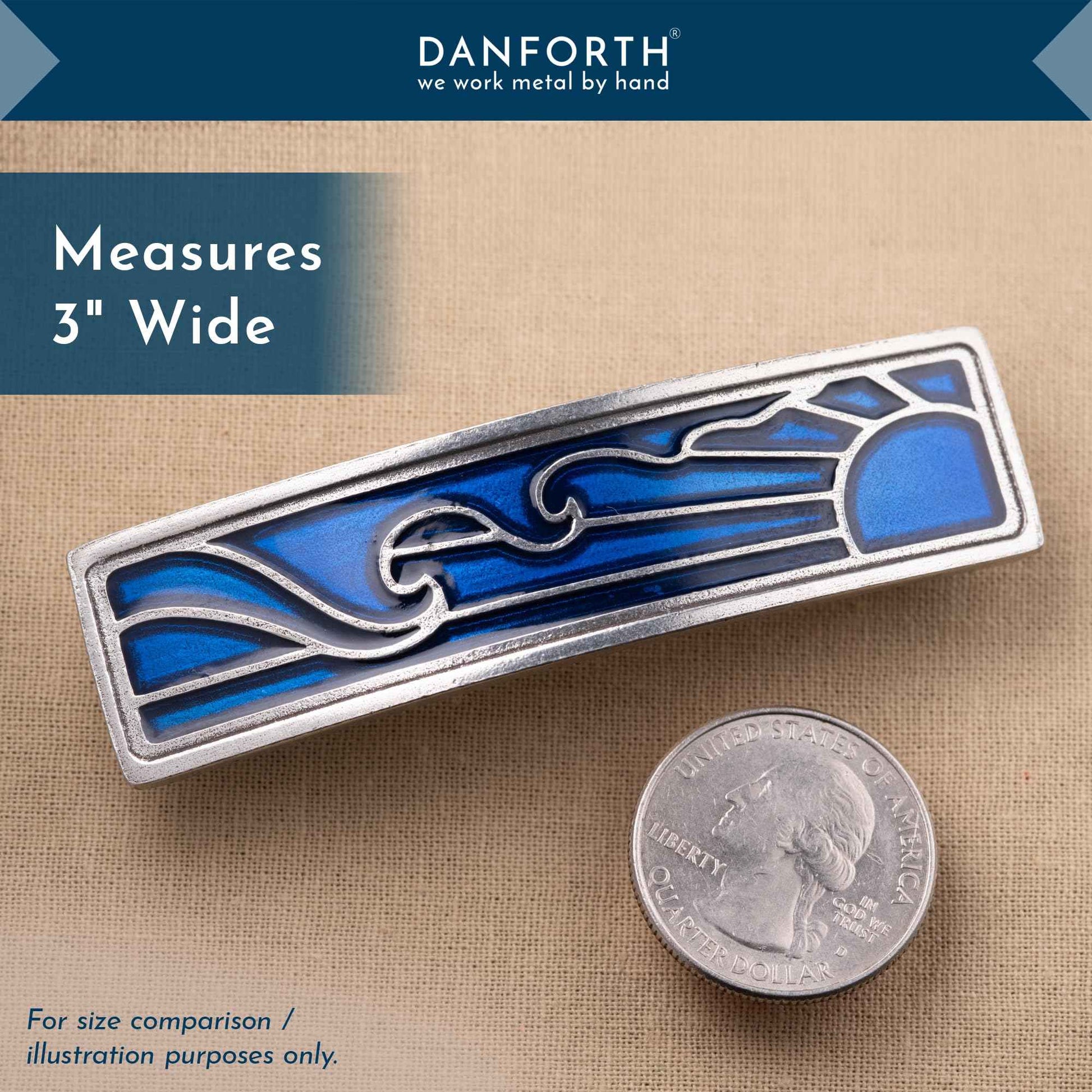 DANFORTH - ‘Wavesong’ Medium Barrette, Handcrafted Pewter Hair Barrettes For Women, Blue Woodblock Design, Measures 3" Long, 3/4" Tall, French Clasp, Made In USA