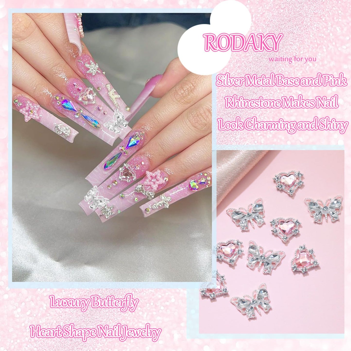 RODAKY Pink Heart Nail Gems 3D Silver Butterflies Nail Art Charms Shiny Nail Rhinestone Gems Nail Decoration for Women Manicure DIY Crafts Design