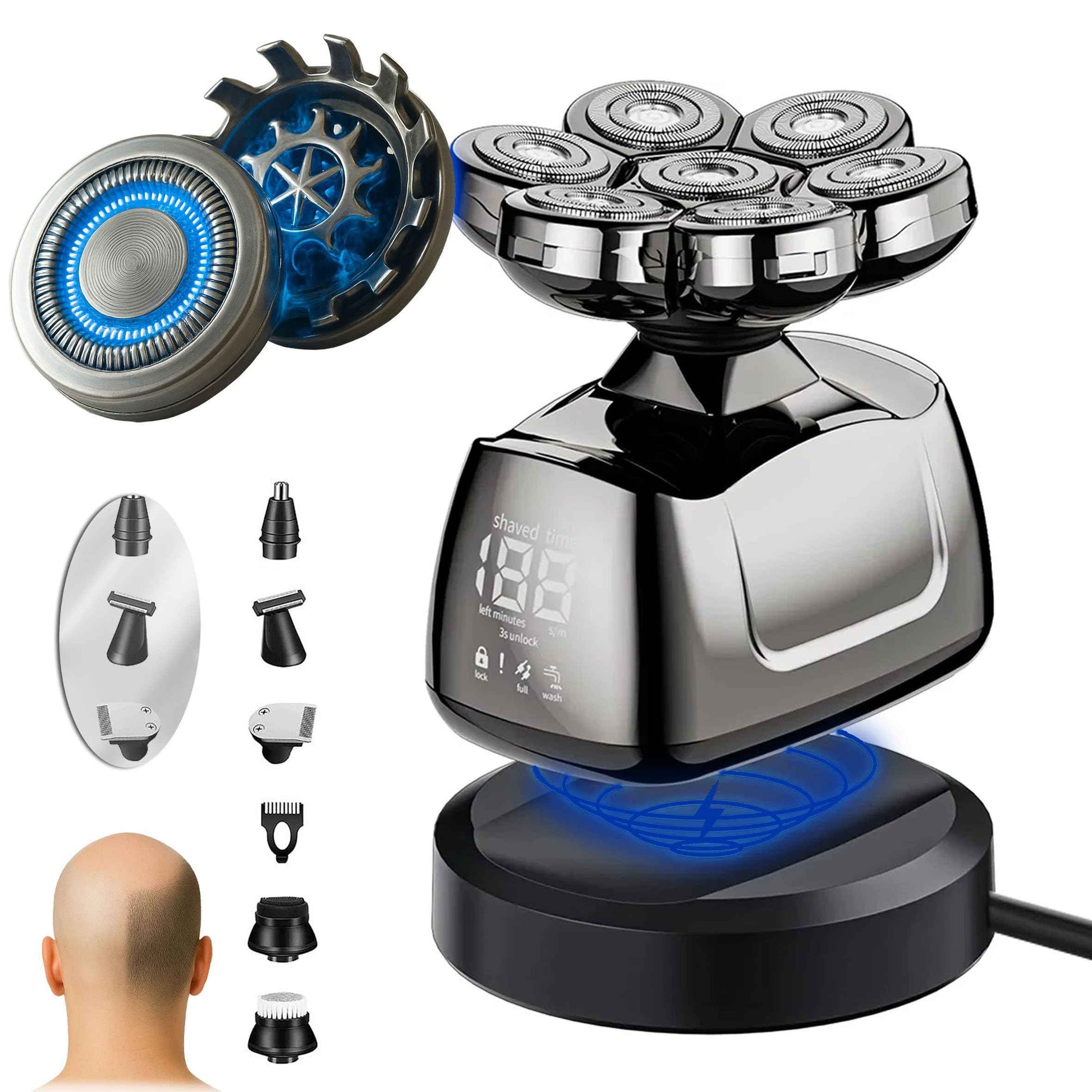 Head Shavers for Bald Men, 7D Stainless Steel Blades & Wireless Charging Base, Waterproof Skull Shaver with Digital Display, Powerful Motor, Wet & Dry Kit for Men, Flex Series.